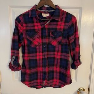 Love Notes Pink & Navy Plaid Button Down Flannel Shirt
